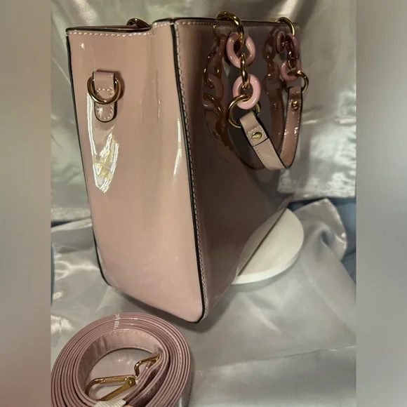Blush Pink Patent Leather Structured Bag WGold-Tone handles & og Crossbody Strap - Picture 8 of 9